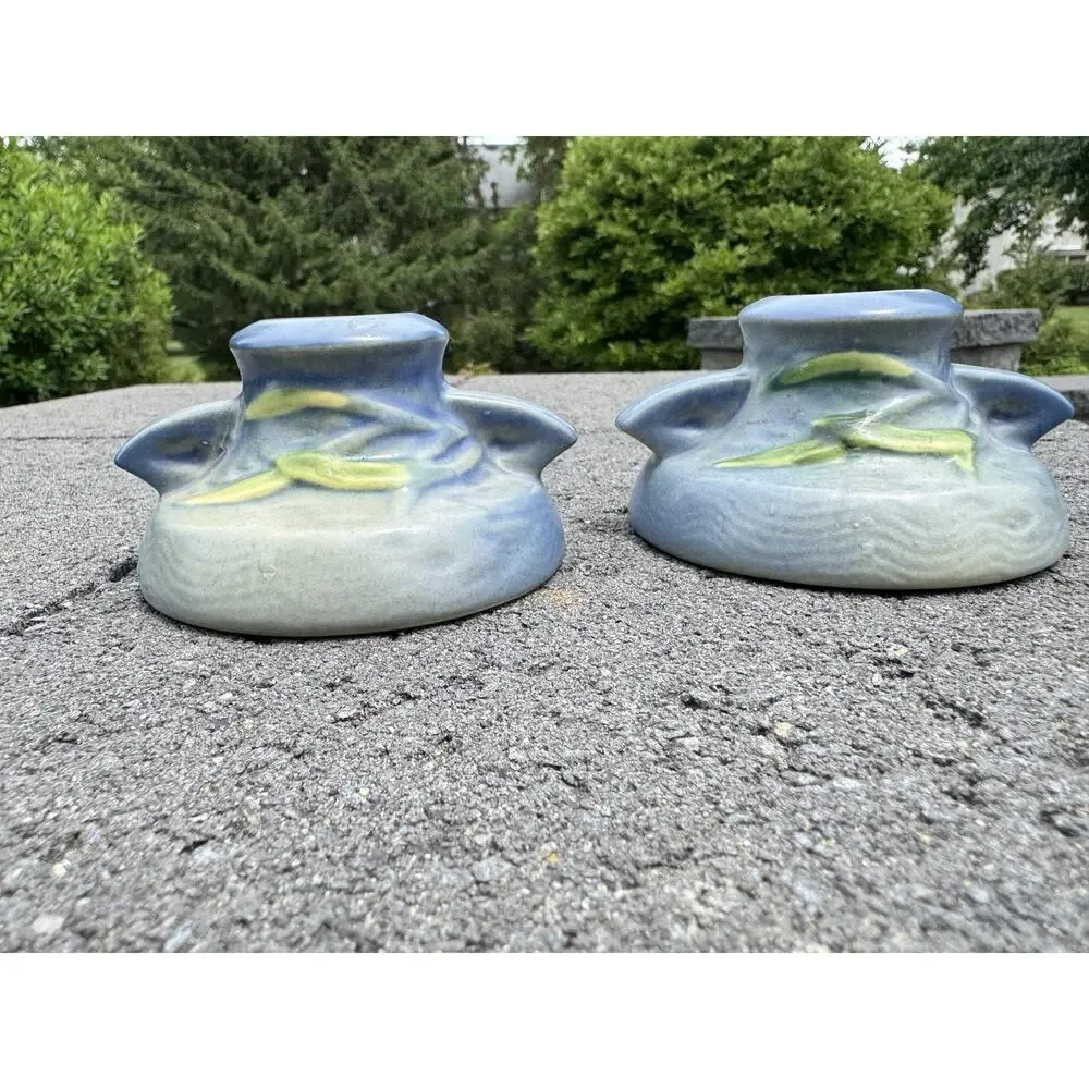 Roseville Freesia Blue Pottery Candle Holder Pair 1160-2 Candlestick Pair